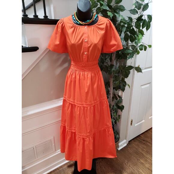 Staccato Dresses & Skirts - STACCATO Women's Orange Pleated Button Front Short Sleeve Long Maxi Dress Medium